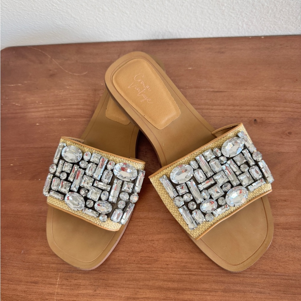 Crown Vintage Tan Sandals with Crystal Embellishments